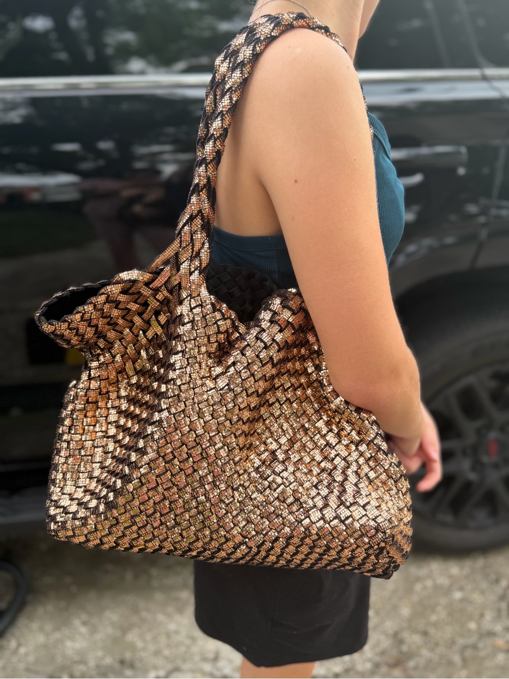 NAGHEDI Metallic Bronze Woven Tote Bag & Matching Zip Pouch Set - Picture 17 of 17